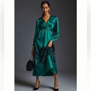 NWT Nikasha Embroidered Satin Dress Emerald Anthropologie XS
